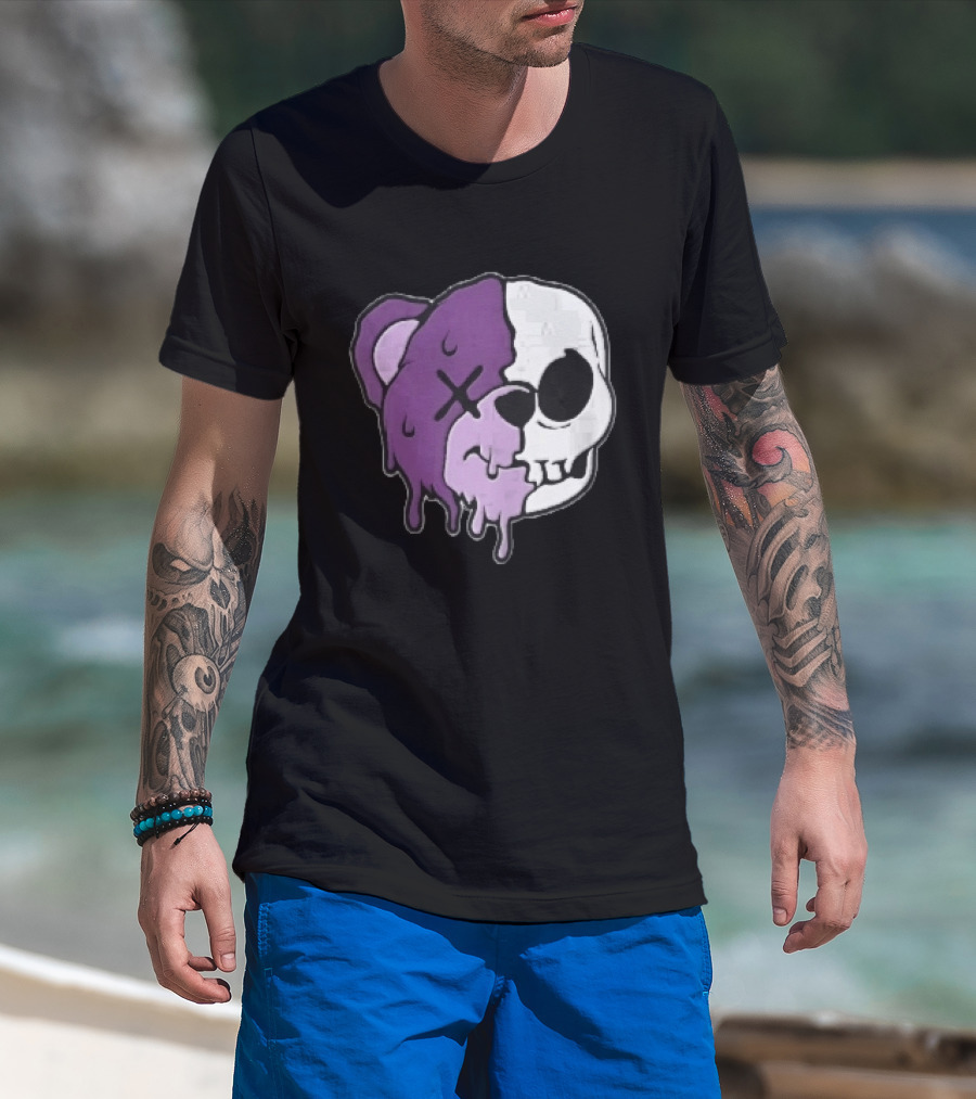Dripping Purple Teddy Bear Skull Split Face Cartoon T-Shirt