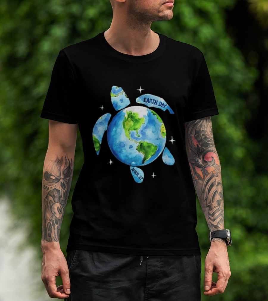 Earth Day April 22 Watercolor Globe Sea Turtle Outer Space T-Shirt