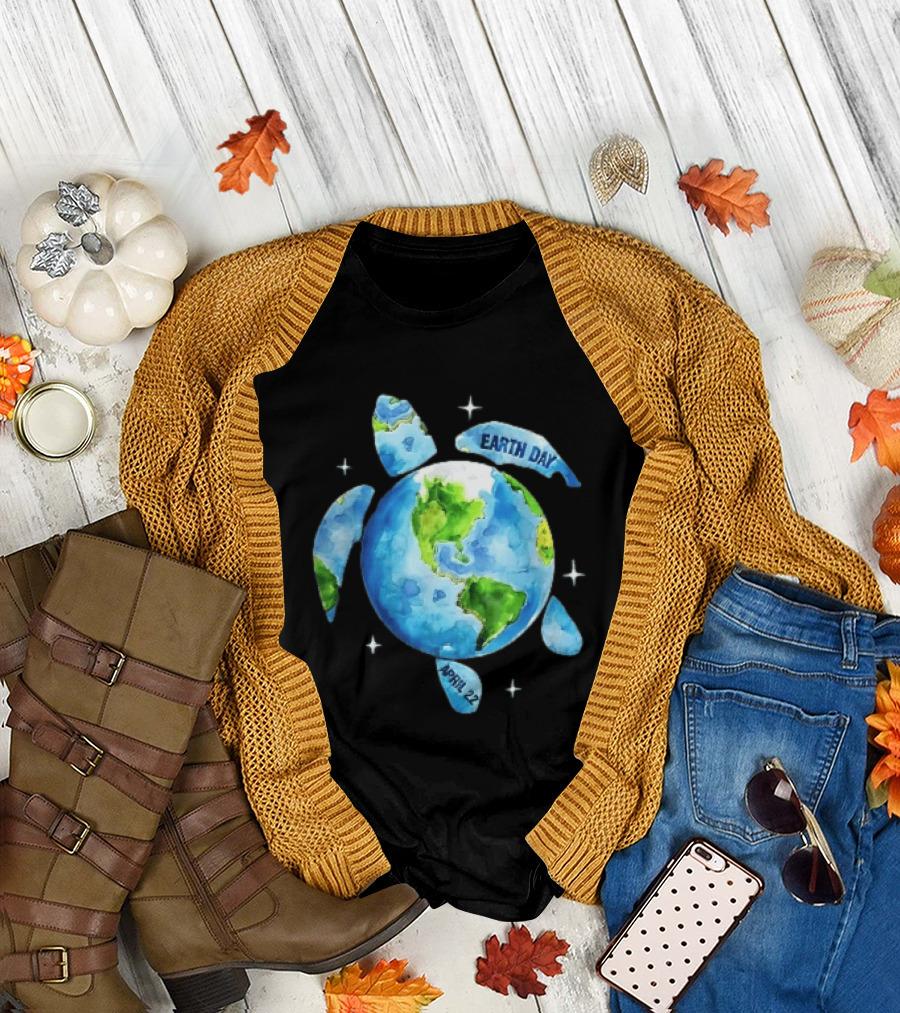Earth Day April 22 Watercolor Globe Sea Turtle Outer Space T-Shirt