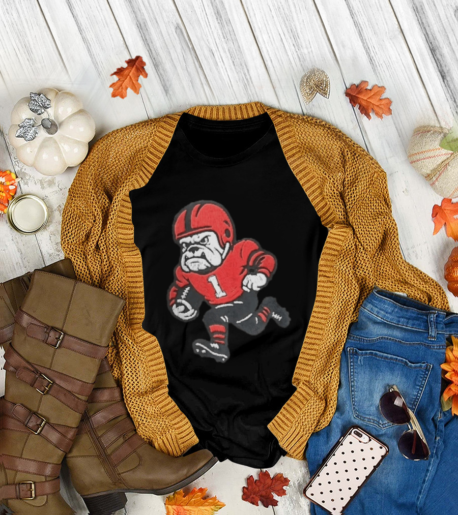 Georgia Bulldogs NCAA Cartoon Running Football Player Red Helmet Jersey Number 1 T-Shirt
