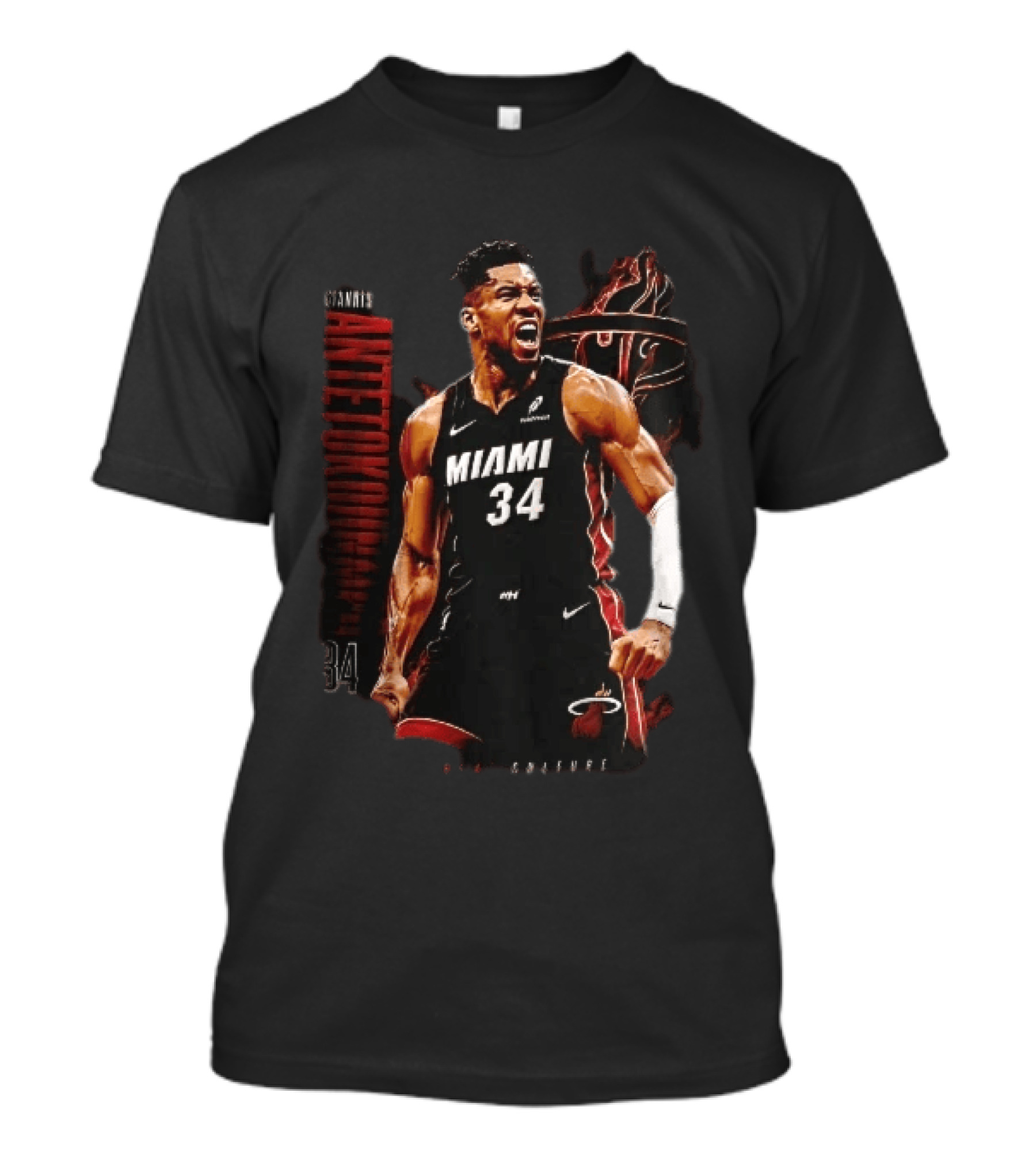 Miami Heat Giannis Antetokounmpo Yelling Flames Photomontage NBA Culture T-Shirt