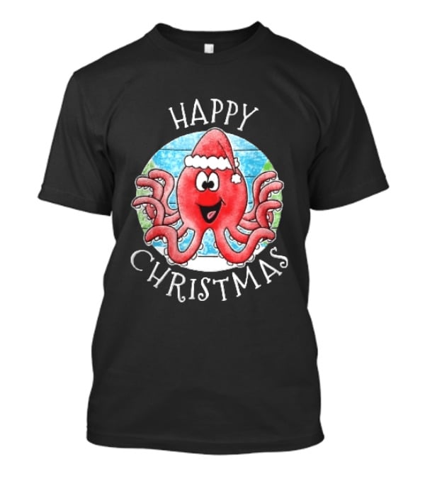 Happy Christmas Red Octopus Santa Hat Ocean Scene T-Shirt
