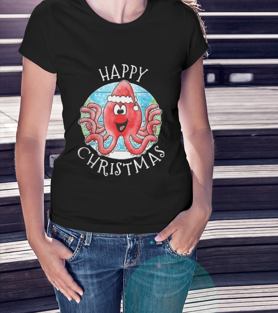 Happy Christmas Red Octopus Santa Hat Ocean Scene T-Shirt
