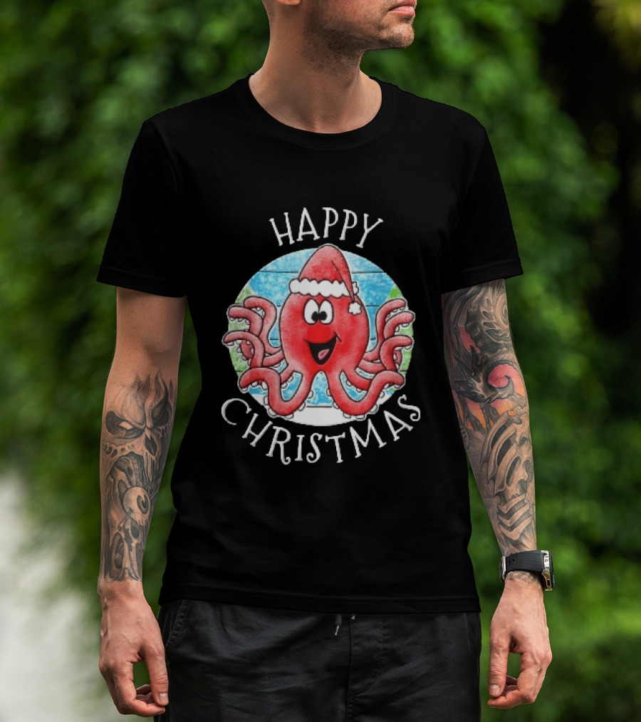 Happy Christmas Red Octopus Santa Hat Ocean Scene T-Shirt