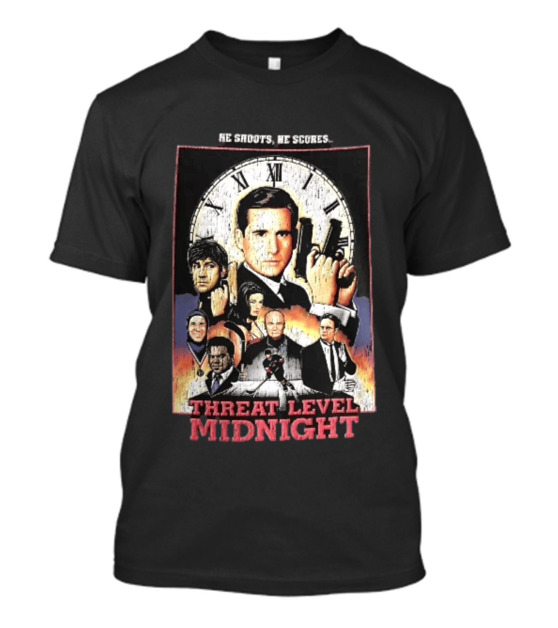 He Shoots He Scores Threat Level Midnight Movie Characters Collage Distressed T-Shirt