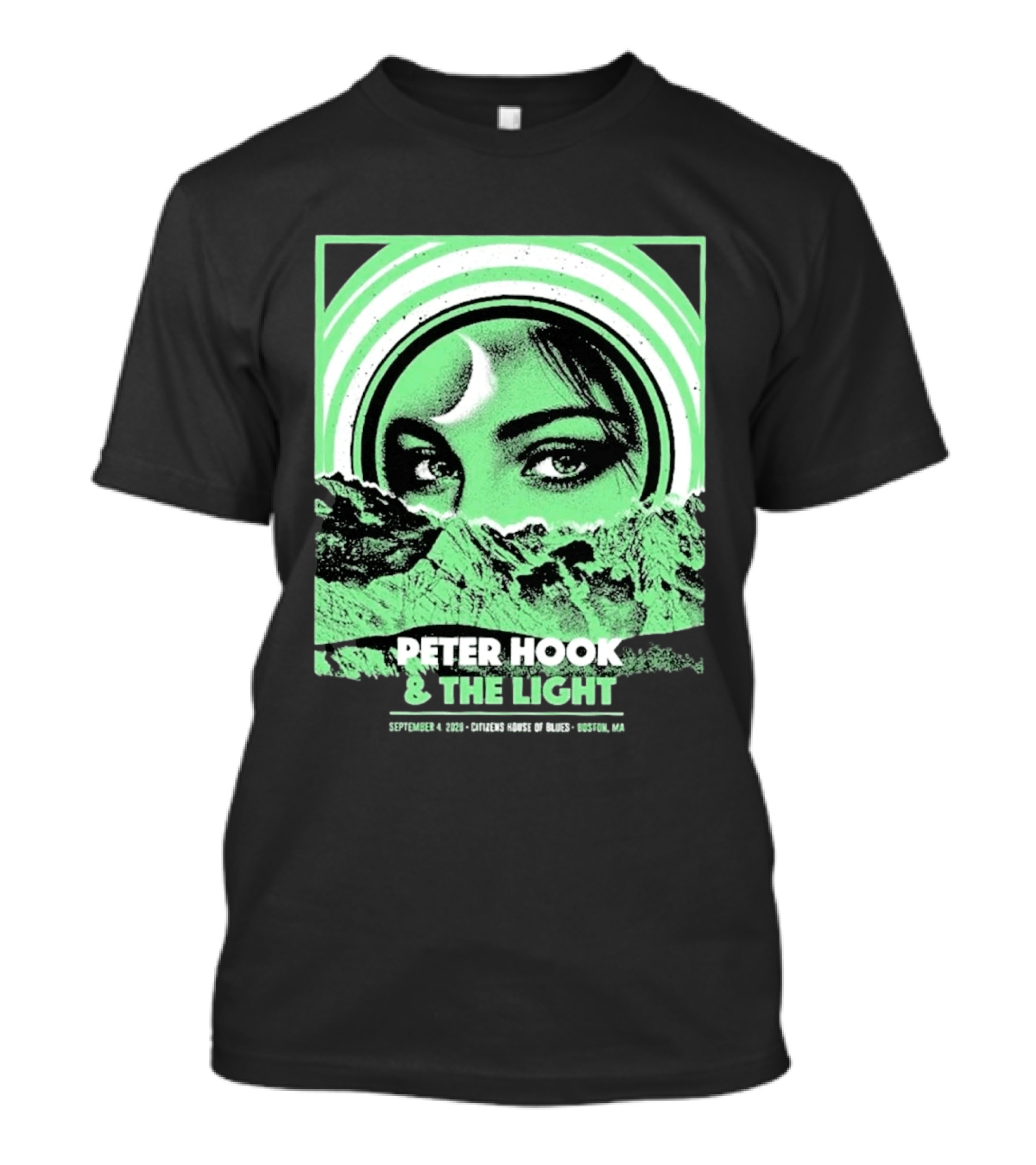 Peter Hook And The Light Boston MA Citizens House Of Blues September 4 2026 Event Crescent Moon Woman's Eyes Green Mountains T-Shirt