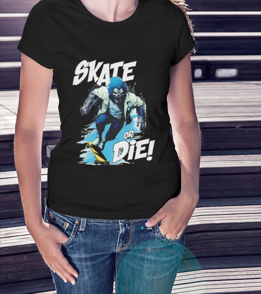 Skate Or Die Wolfy Classic Blue Werewolf Skateboarding T-Shirt