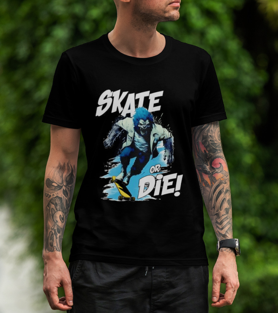 Skate Or Die Wolfy Classic Blue Werewolf Skateboarding T-Shirt