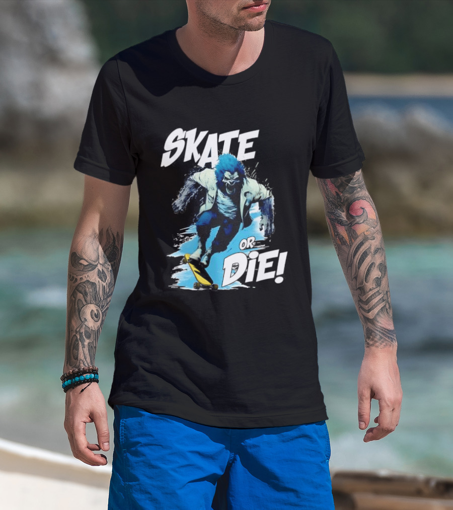 Skate Or Die Wolfy Classic Blue Werewolf Skateboarding T-Shirt