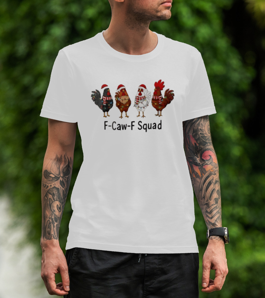 F Caw F Squad Four Chickens Santa Hats Christmas Lights Scarf Accessories T-Shirt