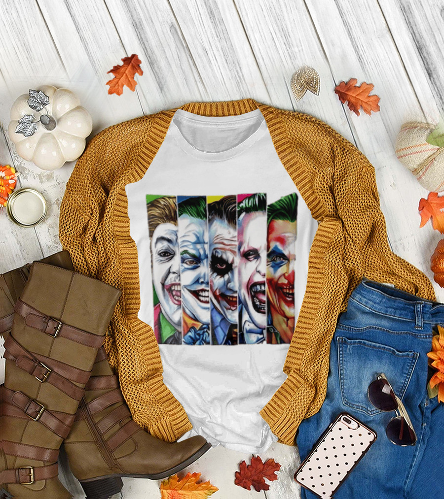Five Cinematic Joker Portraits Vertical Panels Watercolor Vintage Pop Art Clown Villains T-Shirt