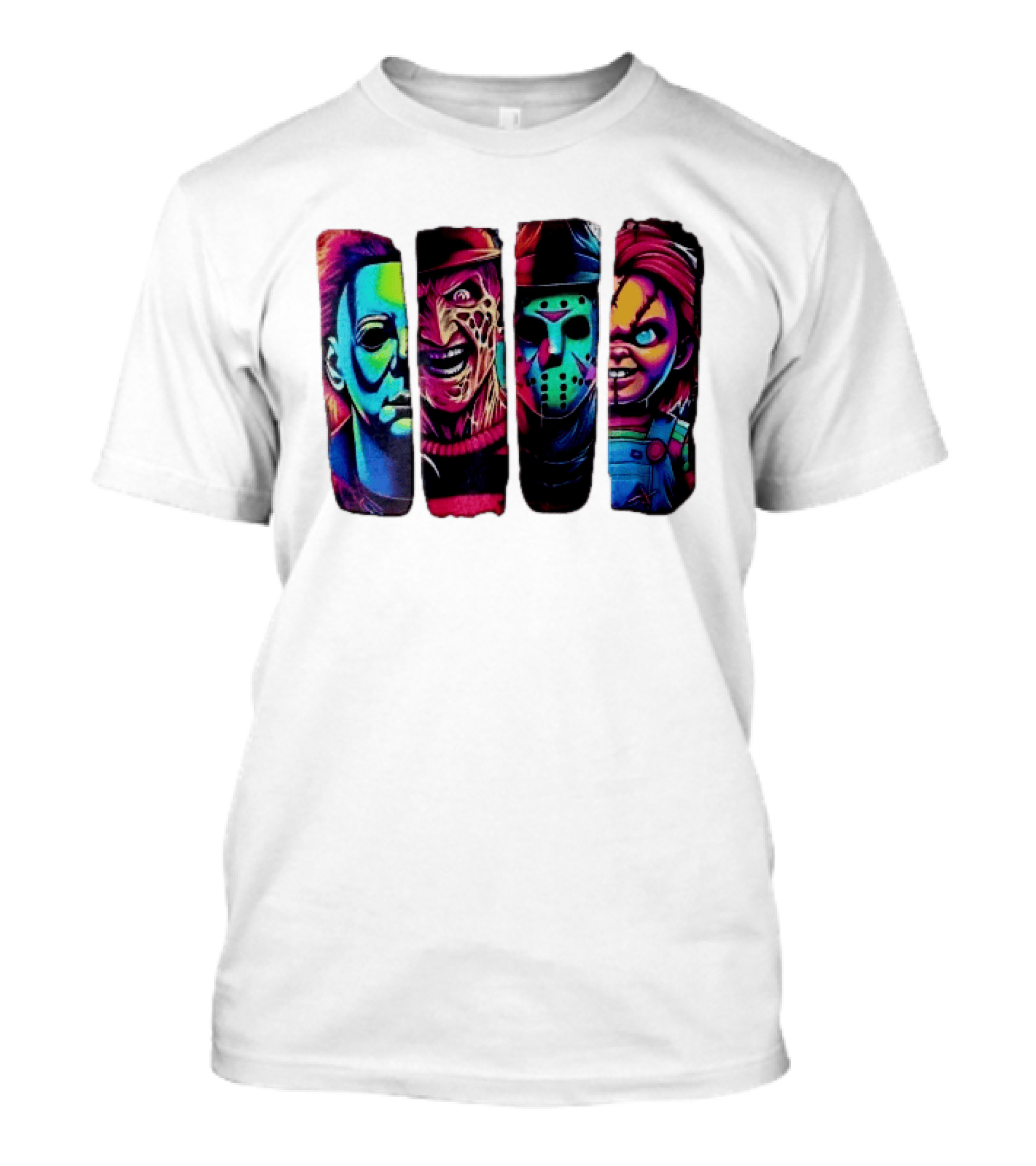 Fluorescent Horror Movie Slasher Faces Vertical Panels T-Shirt