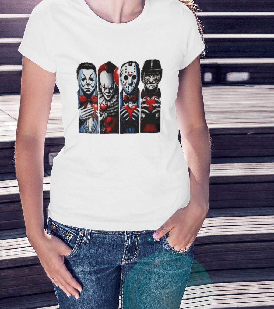 Classic Horror Villains With Red Valentine Hearts T-Shirt