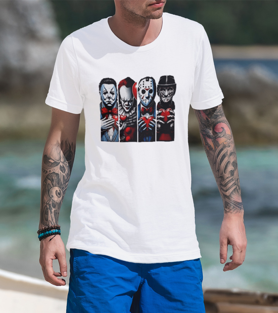 Classic Horror Villains With Red Valentine Hearts T-Shirt