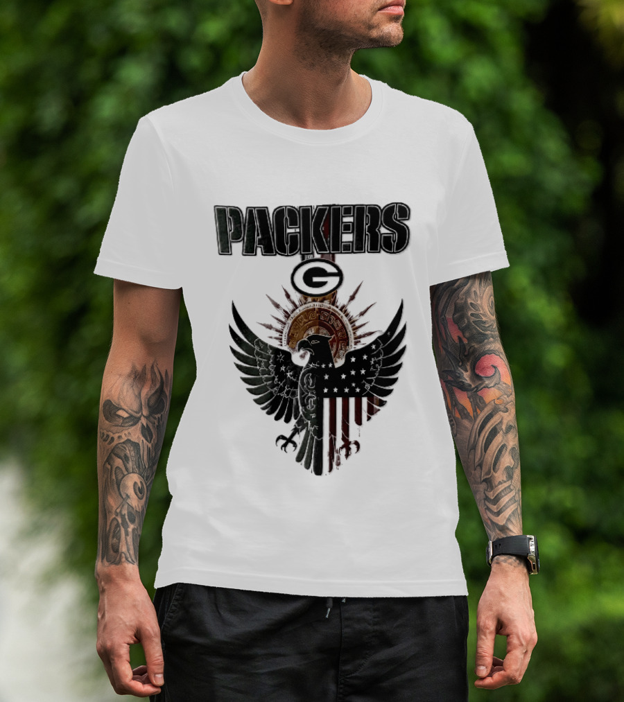 Packers Green Bay Eagle American Flag Aztec Sun T-Shirt