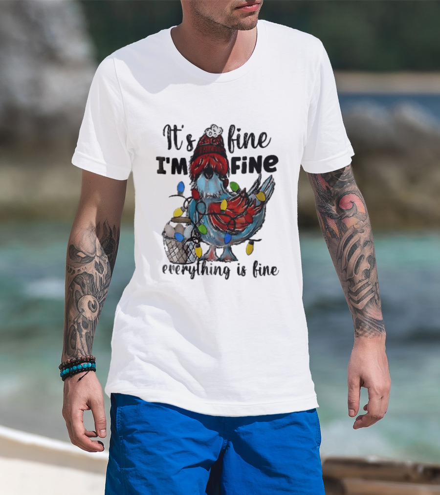 It's Fine I'm Fine Everything Is Fine Cartoon Chicken Tangled Christmas Lights T-Shirt