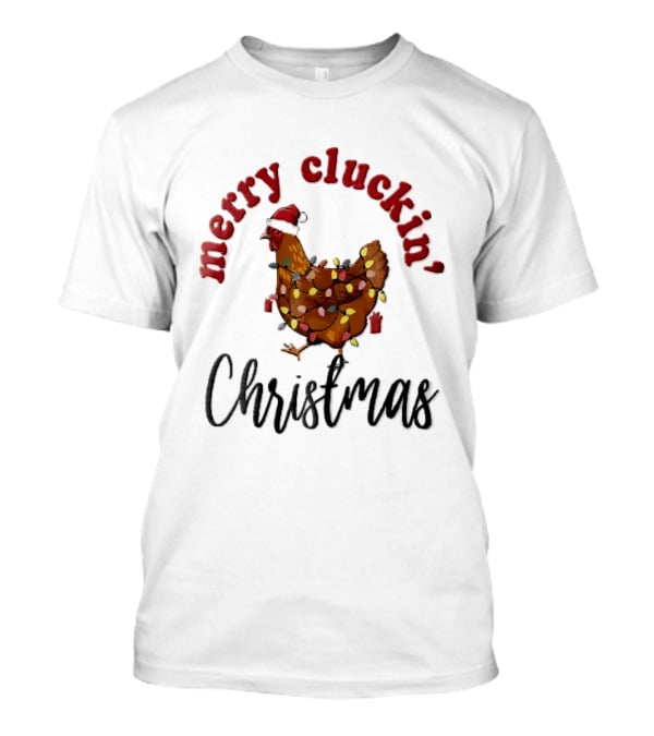 Merry Cluckin Christmas Chicken Santa Hat Colorful String Lights T-Shirt