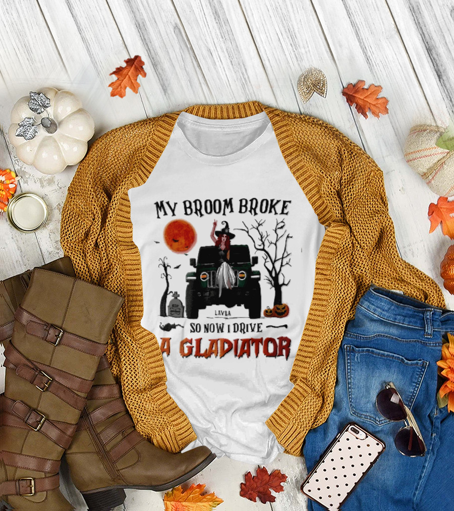 My Broom Broke So Now I Drive A Gladiator Witch Sitting On Green Truck With Pumpkins T-Shirt