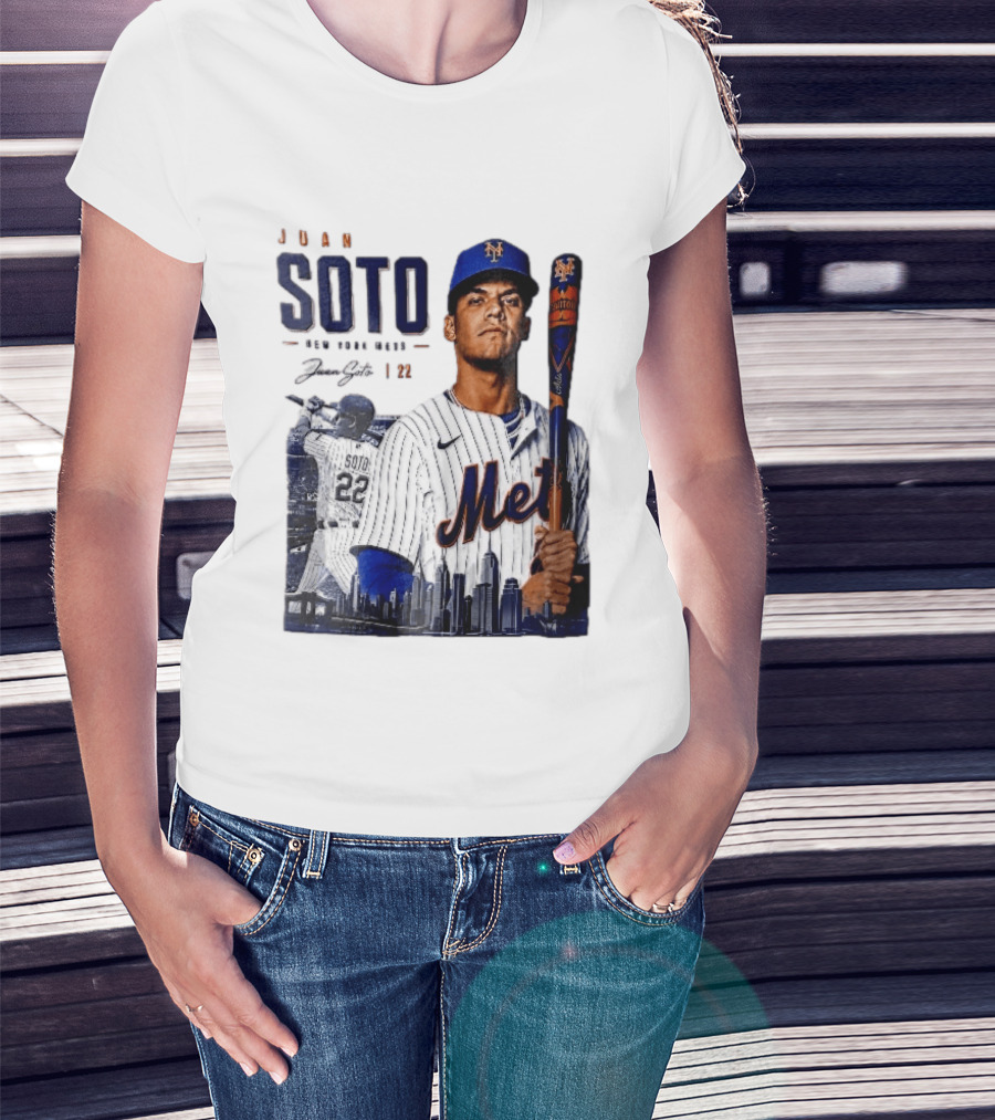 Juan Soto New York Mets MLB 22 Player Batting Skyline Collage T-Shirt