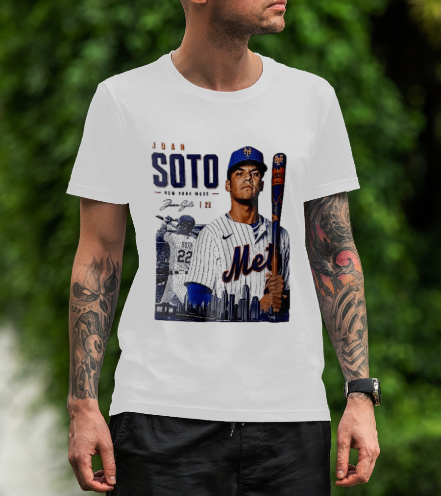 Juan Soto New York Mets MLB 22 Player Batting Skyline Collage T-Shirt