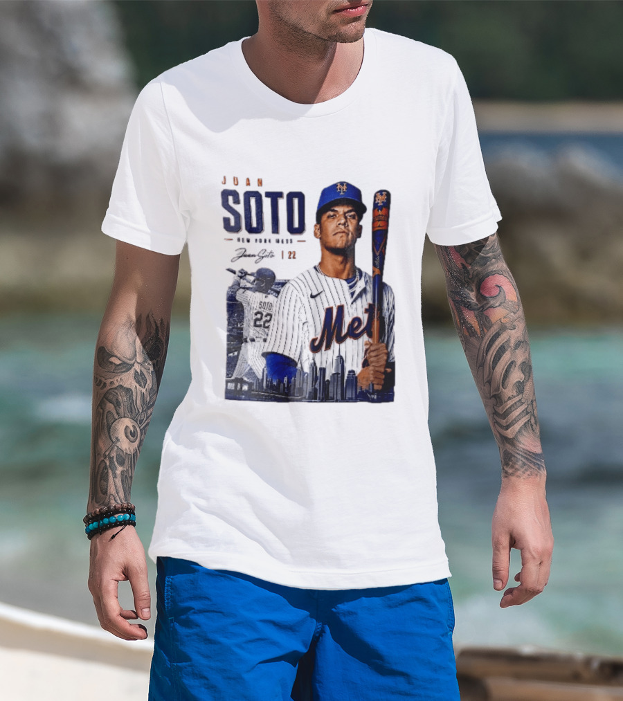 Juan Soto New York Mets MLB 22 Player Batting Skyline Collage T-Shirt