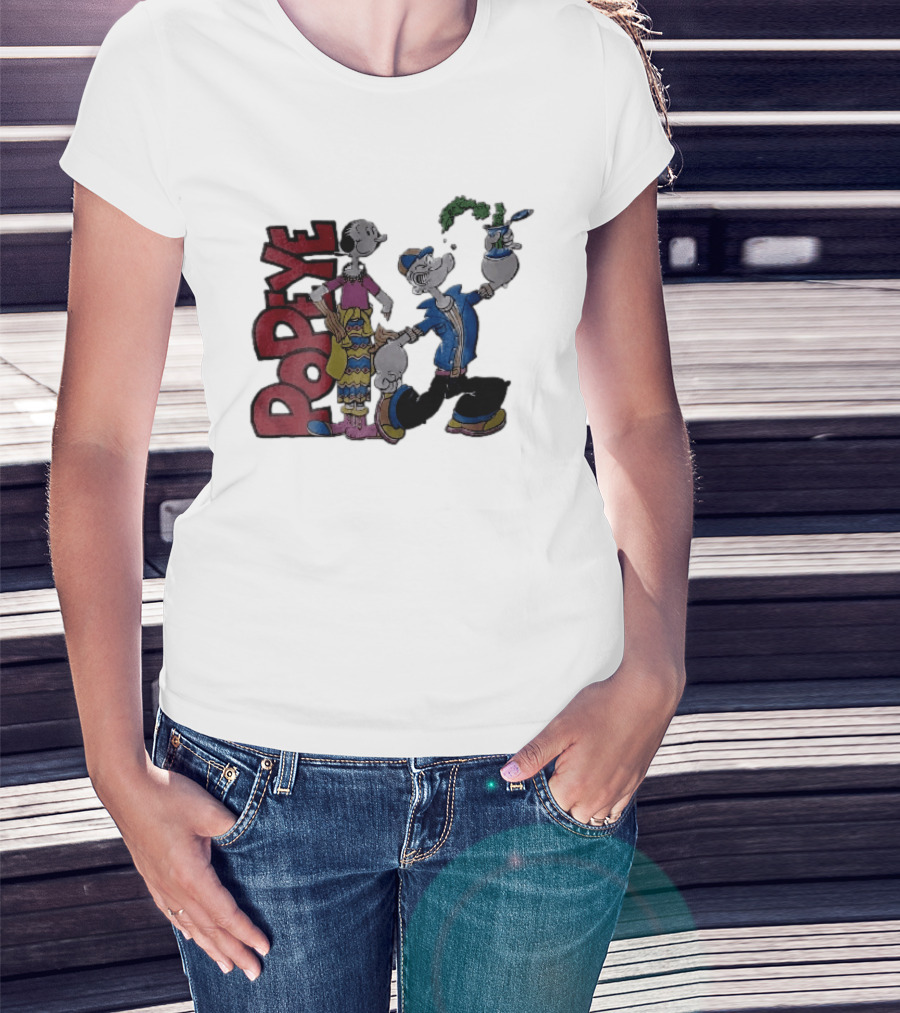 Popeye Cartoon Character With Olive Oyl Squeezing Spinach Can T-Shirt