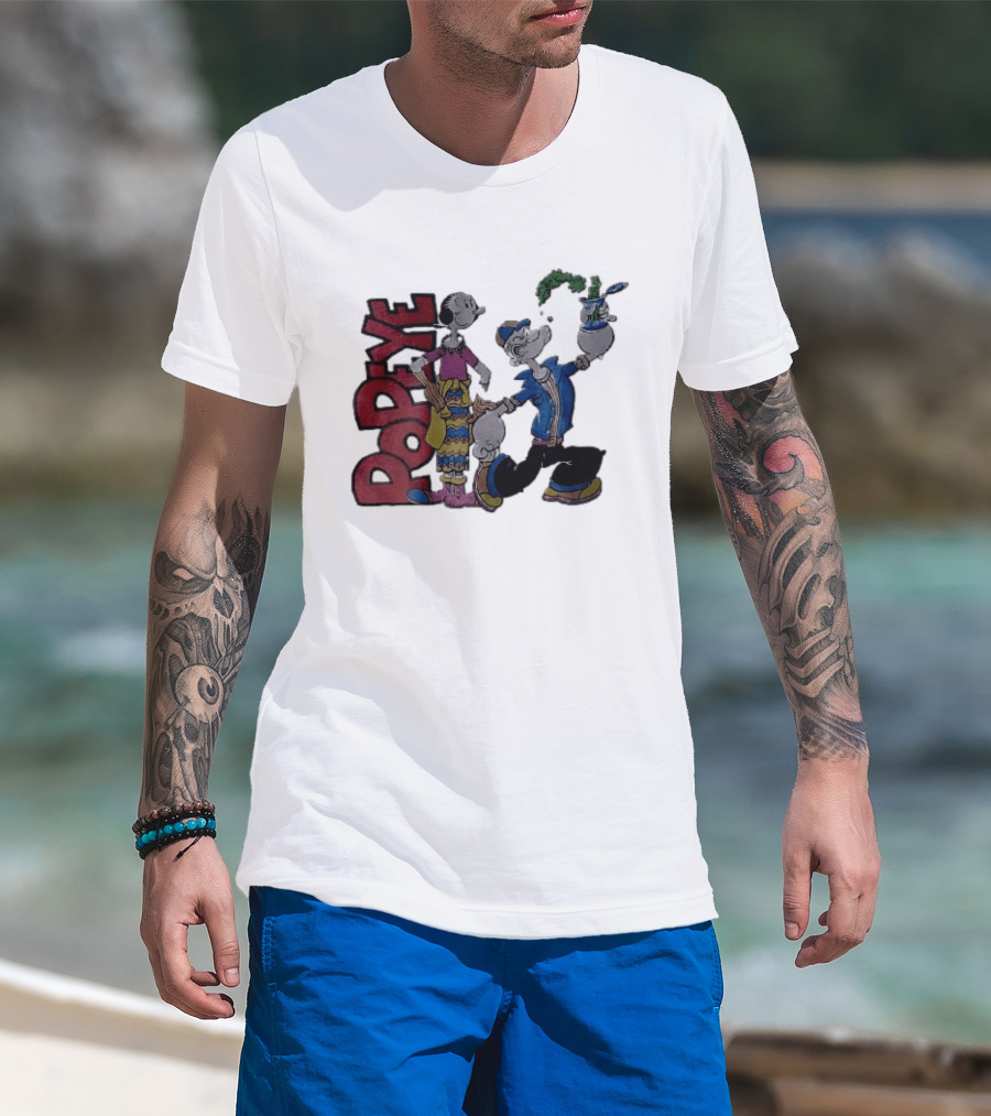 Popeye Cartoon Character With Olive Oyl Squeezing Spinach Can T-Shirt