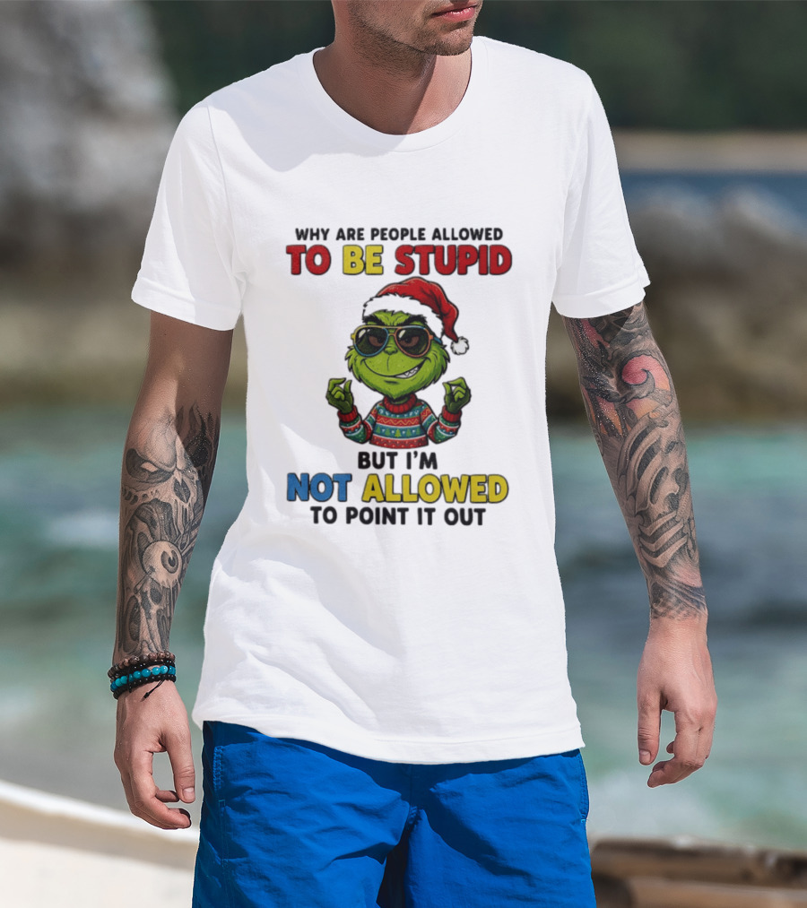 The Grinch Why Are People Allowed To Be Stupid But I'm Not Allowed To Point It Out Christmas Sweater Sunglasses Santa Hat T-Shirt