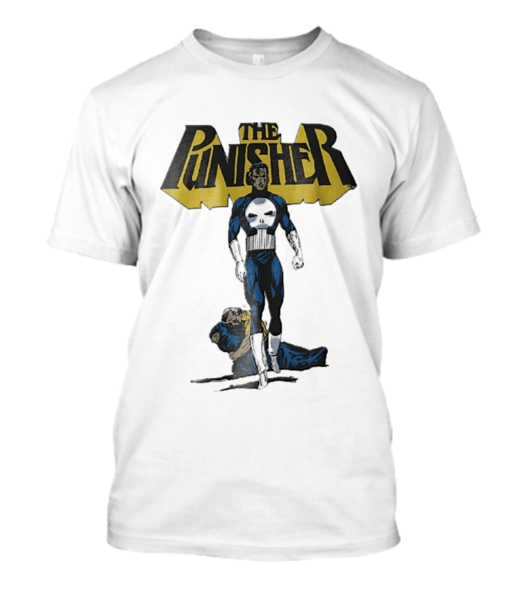 The Punisher Superhero Skull Comic Walking Scene With Defeated Man T-Shirt
