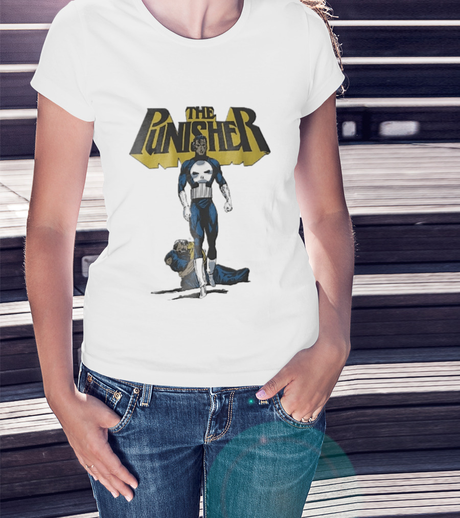 The Punisher Superhero Skull Comic Walking Scene With Defeated Man T-Shirt