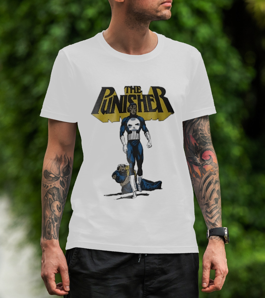 The Punisher Superhero Skull Comic Walking Scene With Defeated Man T-Shirt