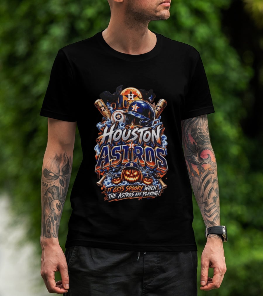 Houston Astros Halloween Spooky Theme With Pumpkins And Bats T-Shirt