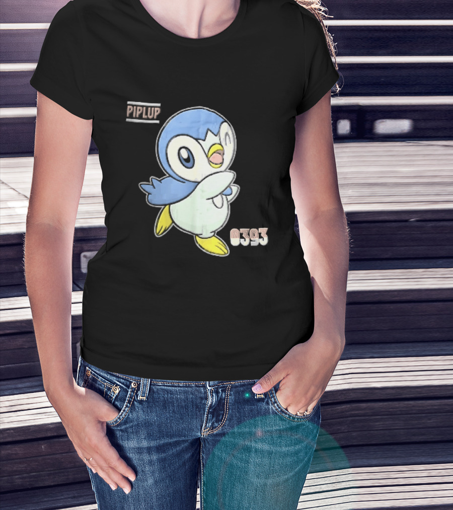 Piplup 0393 Cartoon Penguin Waving Paper Crease Sticker Yellow Feet T-Shirt