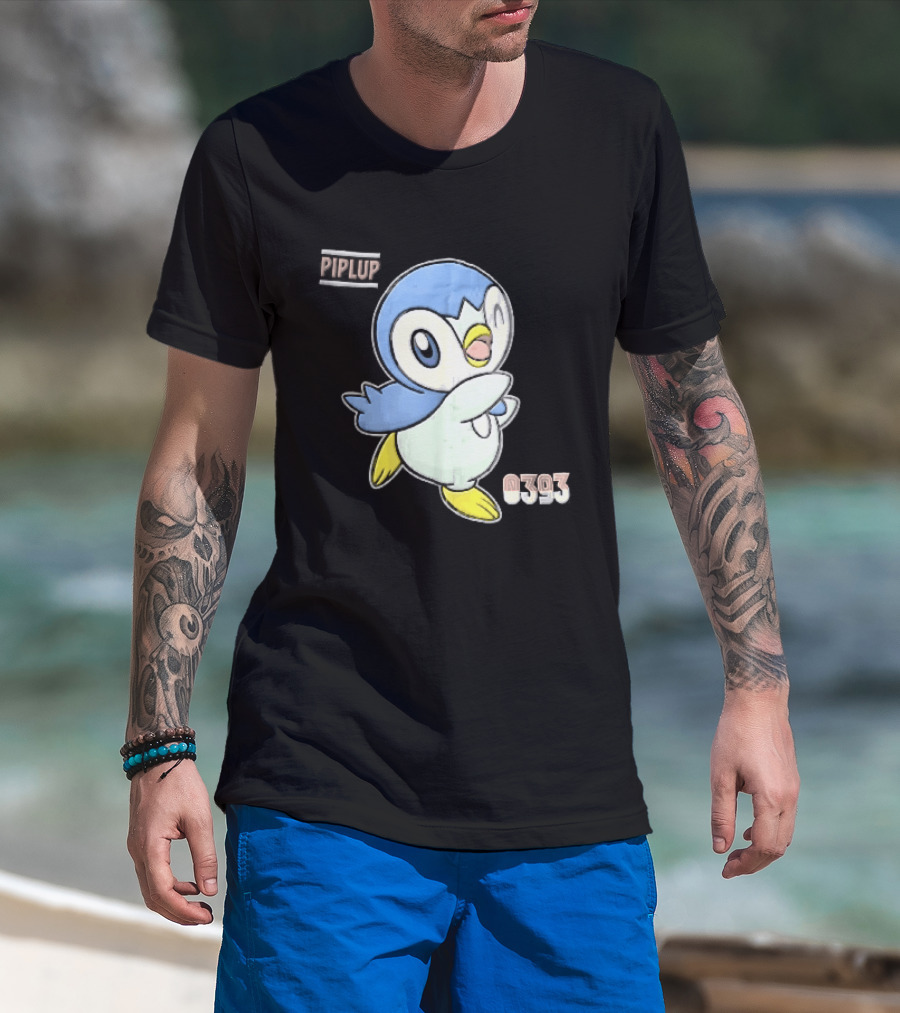 Piplup 0393 Cartoon Penguin Waving Paper Crease Sticker Yellow Feet T-Shirt