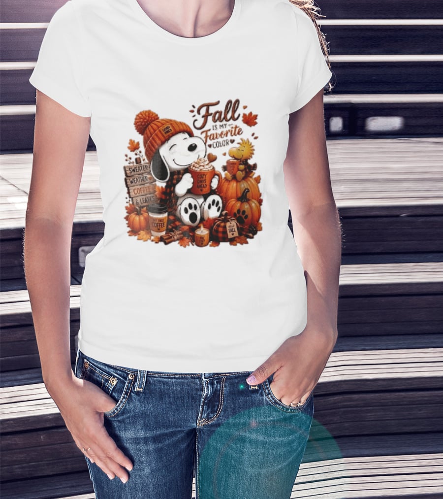Fall Is My Favorite Color Sweater Weather Coffee Leaves Cozy Days Cartoon Dog Bird Pumpkins T-Shirt
