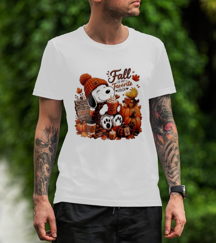 Fall Is My Favorite Color Sweater Weather Coffee Leaves Cozy Days Cartoon Dog Bird Pumpkins T-Shirt