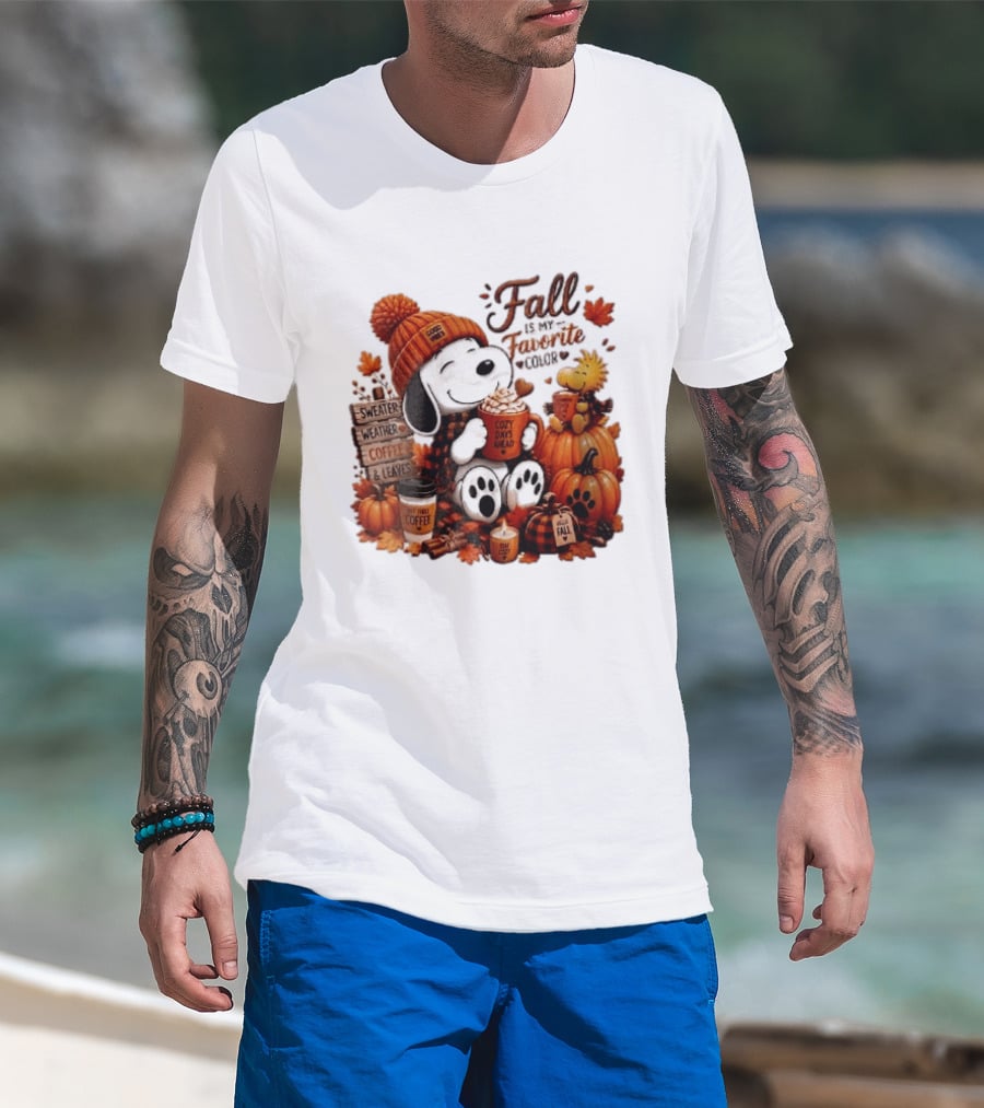 Fall Is My Favorite Color Sweater Weather Coffee Leaves Cozy Days Cartoon Dog Bird Pumpkins T-Shirt
