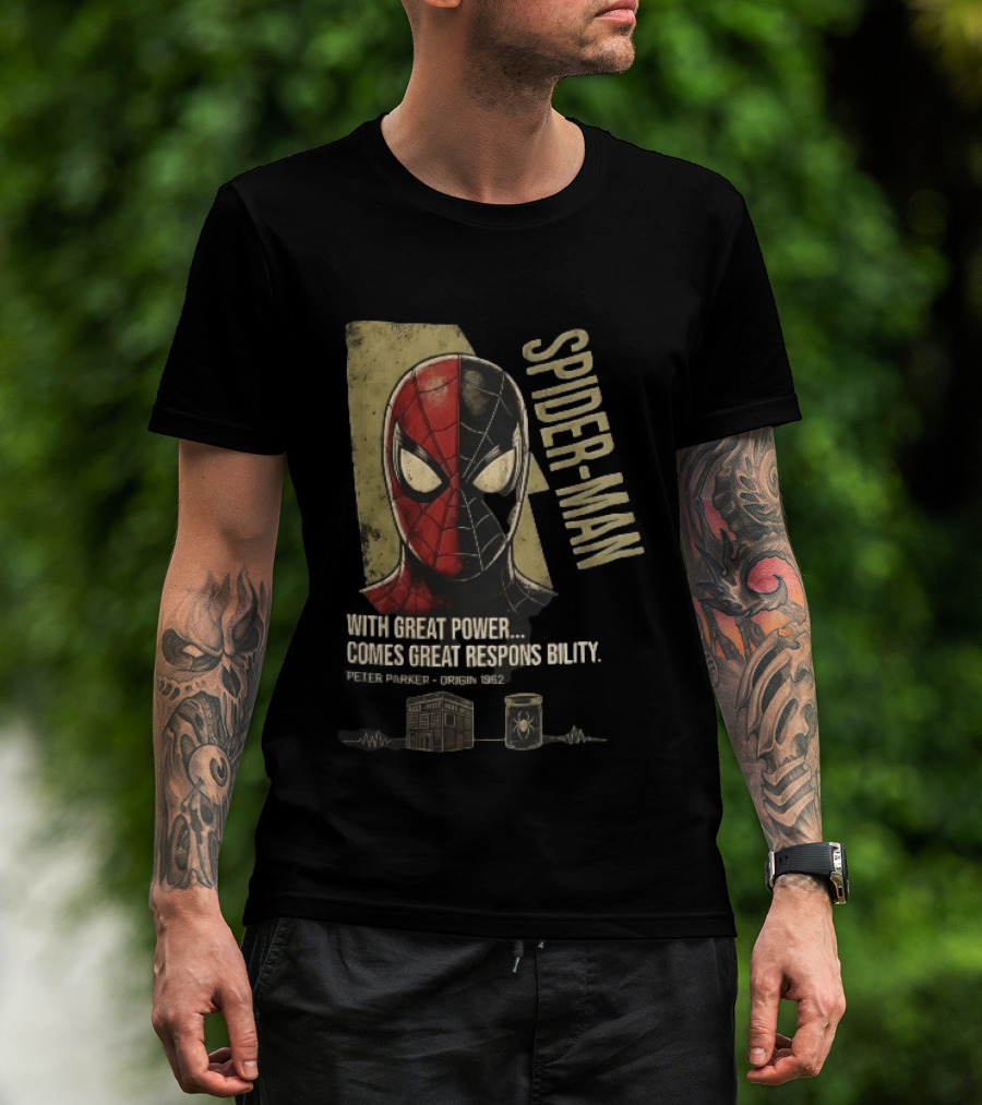 Spider Man With Great Power Comes Great Responsibility Peter Parker Origin 1962 Split Mask T-Shirt