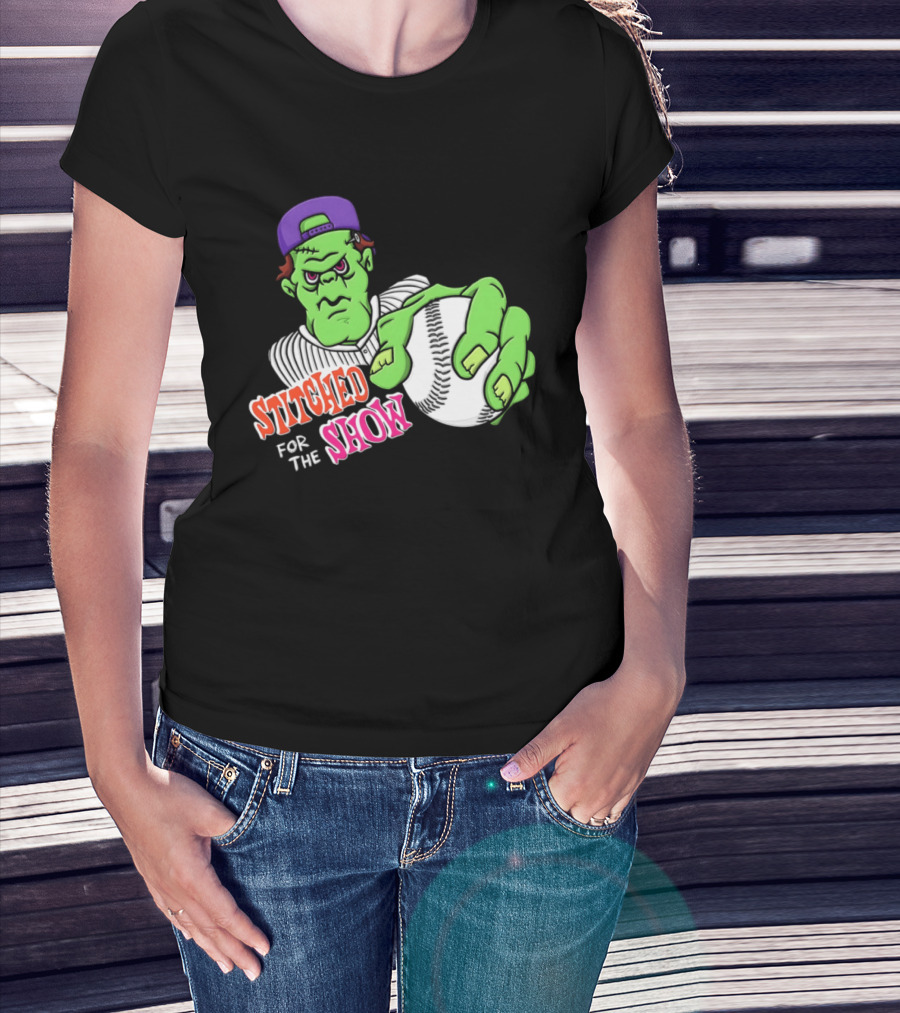 Stitched For The Show Baseball Monster Pitcher Cartoon T-Shirt