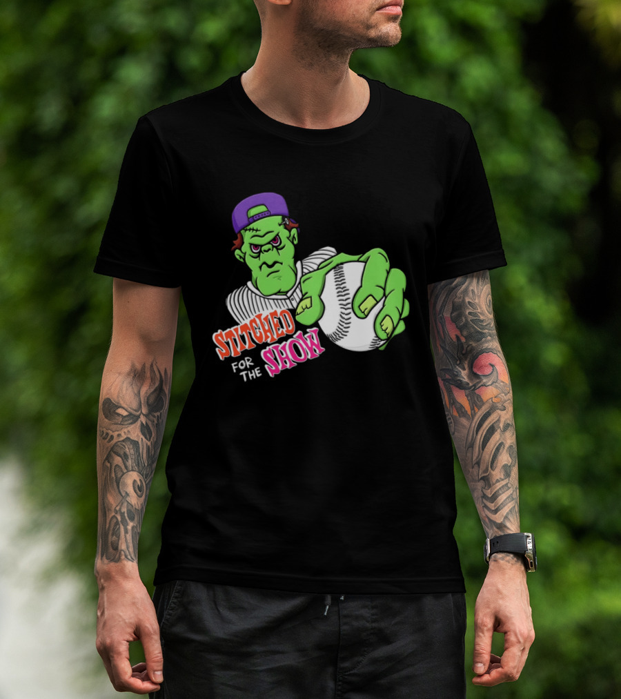 Stitched For The Show Baseball Monster Pitcher Cartoon T-Shirt
