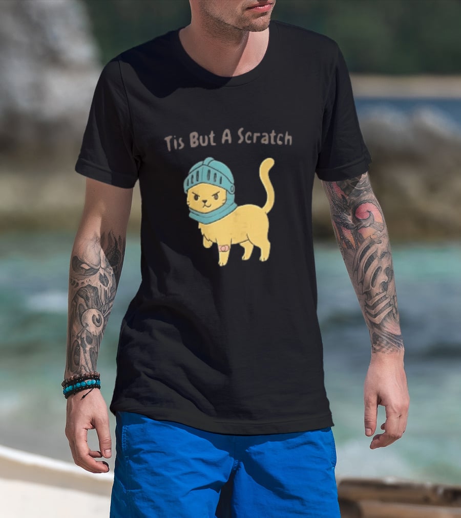 Tis But A Scratch Cartoon Cat Knight Helmet Bandage T-Shirt