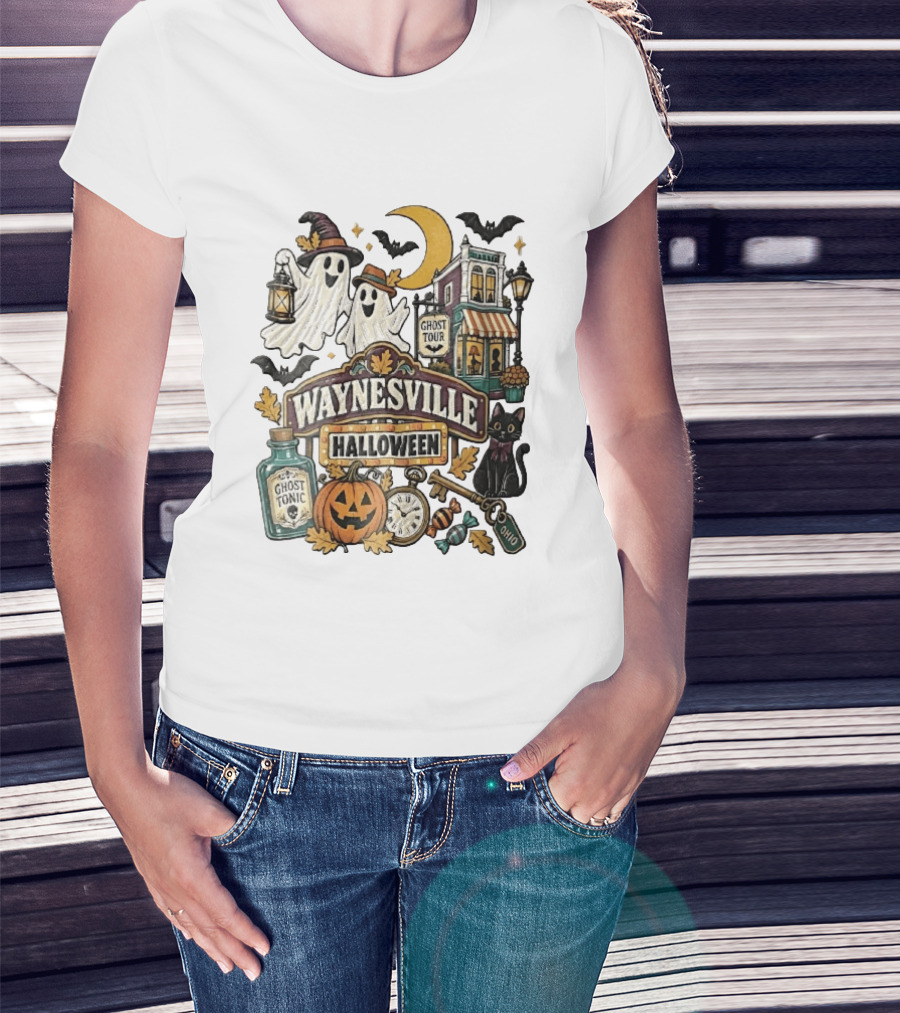 Waynesville Halloween Ghost Tour Ohio Cartoon Pumpkin Black Cat Crescent Moon Ghost Tonic Key T-Shirt