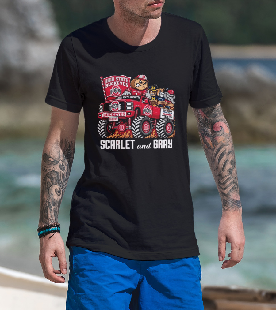 Ohio State Buckeyes 2026 Scarlet And Gray Monster Truck Rivalry Football T-Shirt
