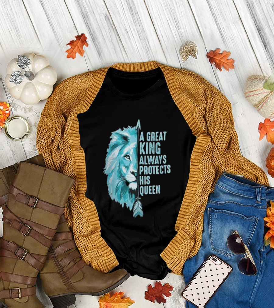 A Great King Always Protects His Queen Cyan Lion Vertical Feathers T-Shirt