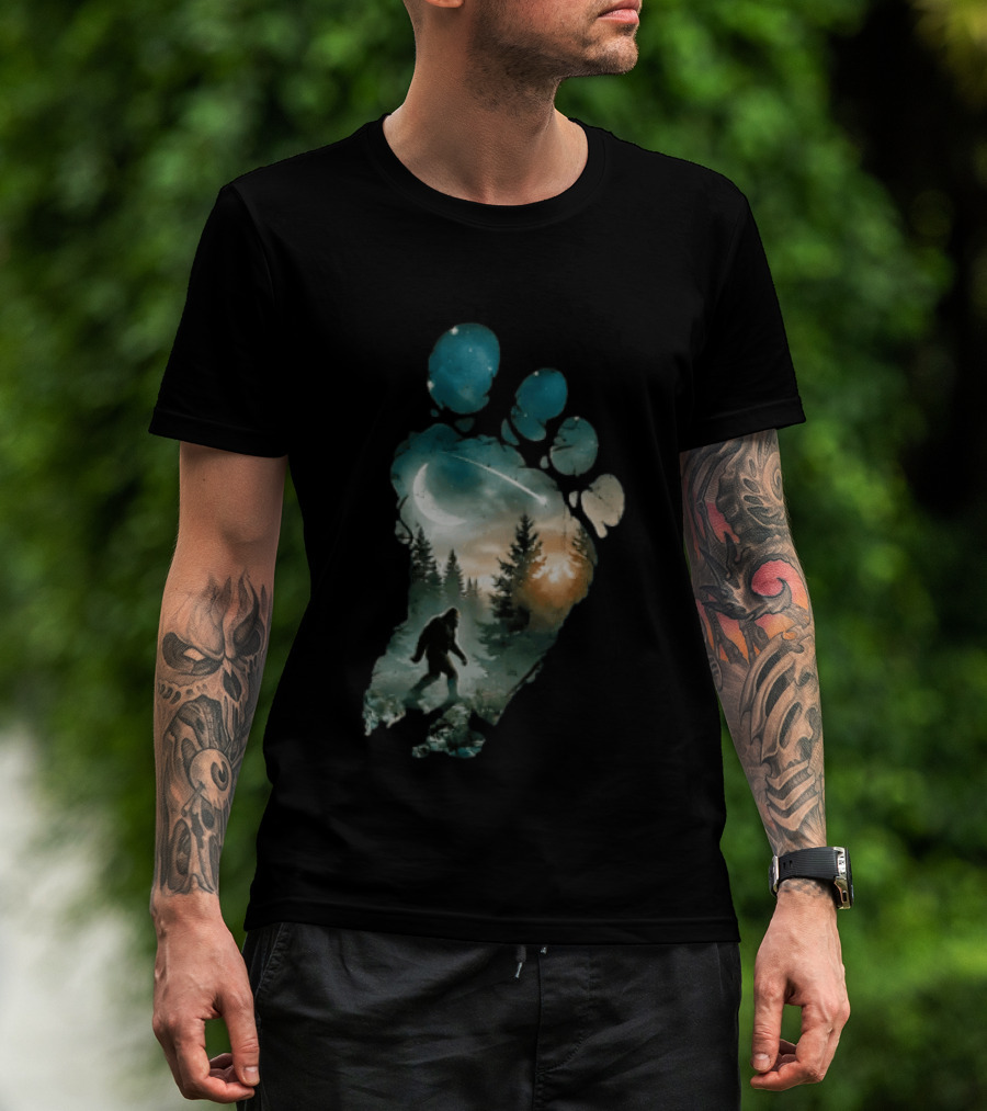 Bigfoot Footprint Moon Mountain Trees Forest Sasquatch Night Scene T-Shirt