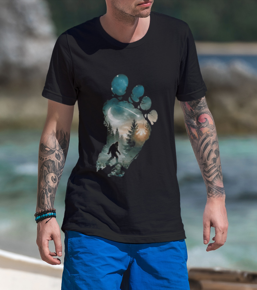 Bigfoot Footprint Moon Mountain Trees Forest Sasquatch Night Scene T-Shirt