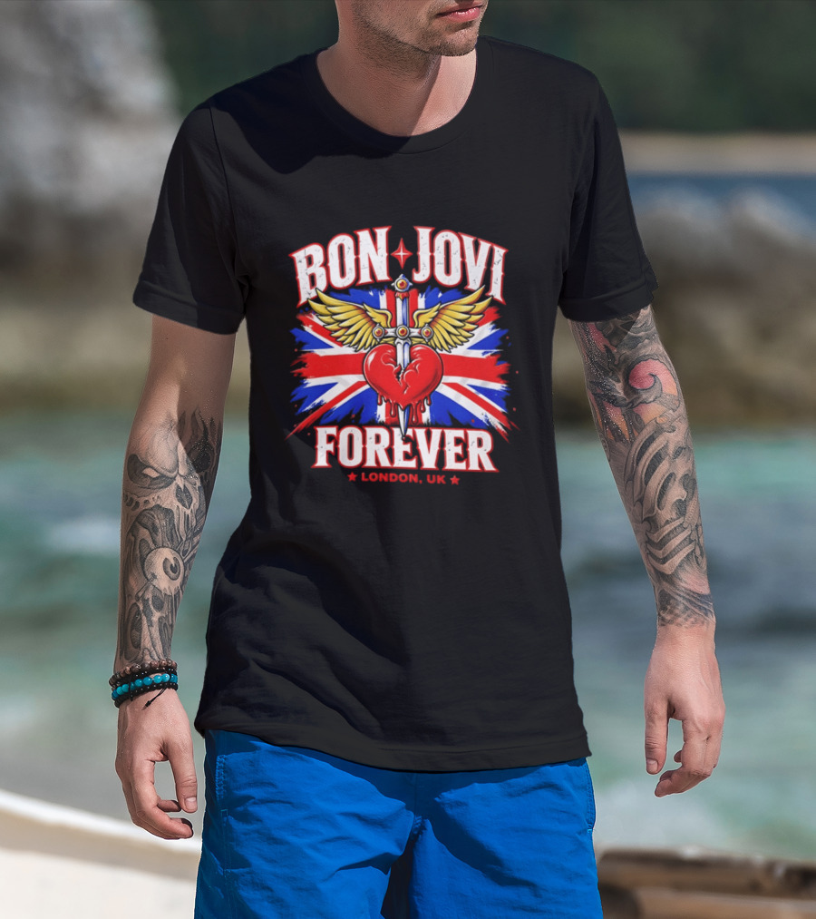 Bon Jovi Forever London UK Tour Union Jack Heart And Dagger Wings T-Shirt