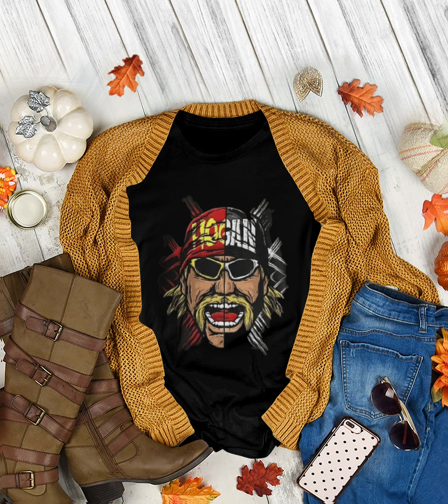 Hogan Red Black Split Face Sunglasses Mustache Caricature T-Shirt