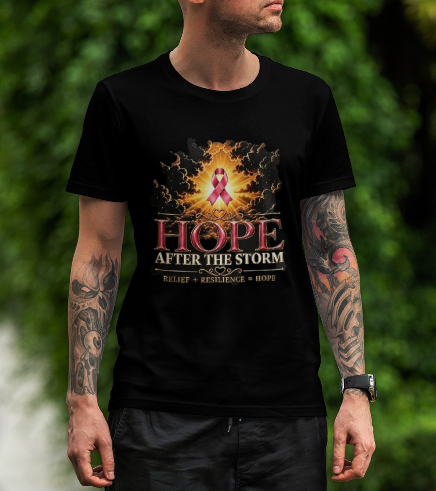 Hope After The Storm Relief Resilience Pink Breast Cancer Ribbon Clouds Sunburst Rays T-Shirt
