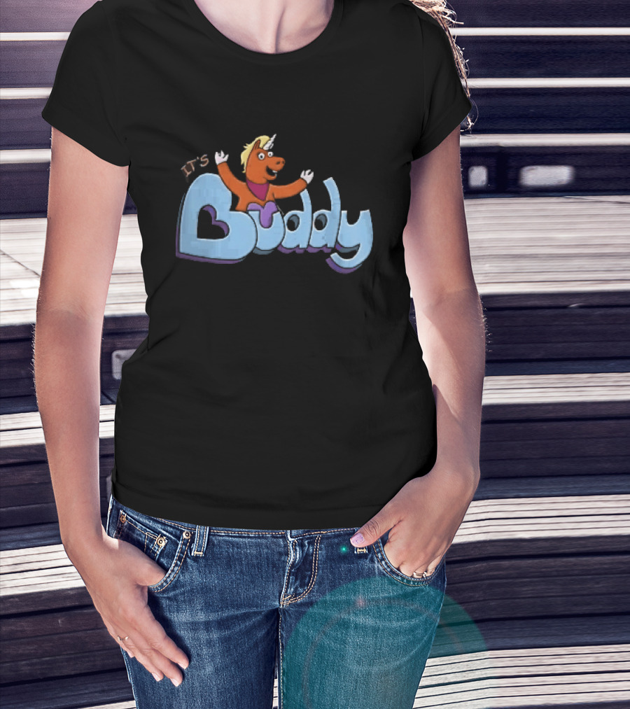 Its Buddy Cartoon Orange Unicorn Horse Purple Scarf Raised Arms T-Shirt